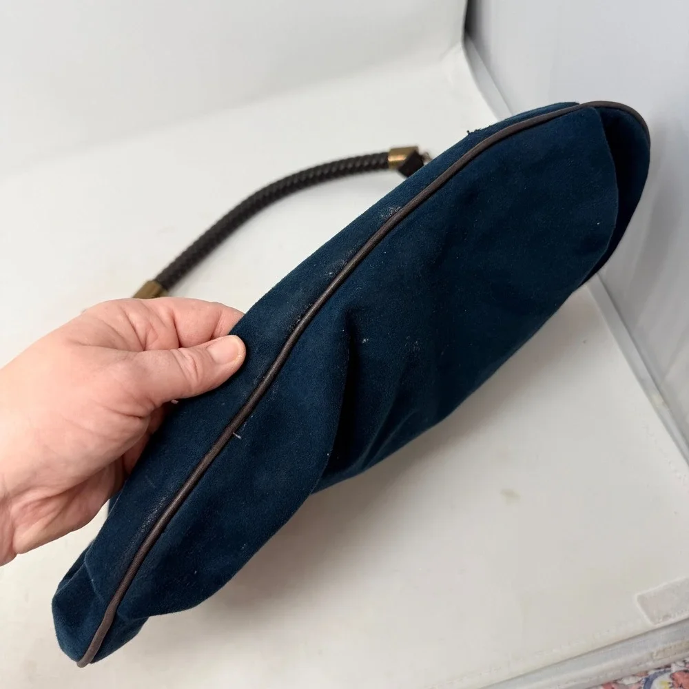 Nine West Navy Blue Faux Suede Hobo Bag Braided Handle Brass Hardware Slouchy - Picture 3 of 12